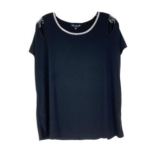 Free Rose Top Size XL Black Cold Shoulder Cutout Rhinestones Stretch